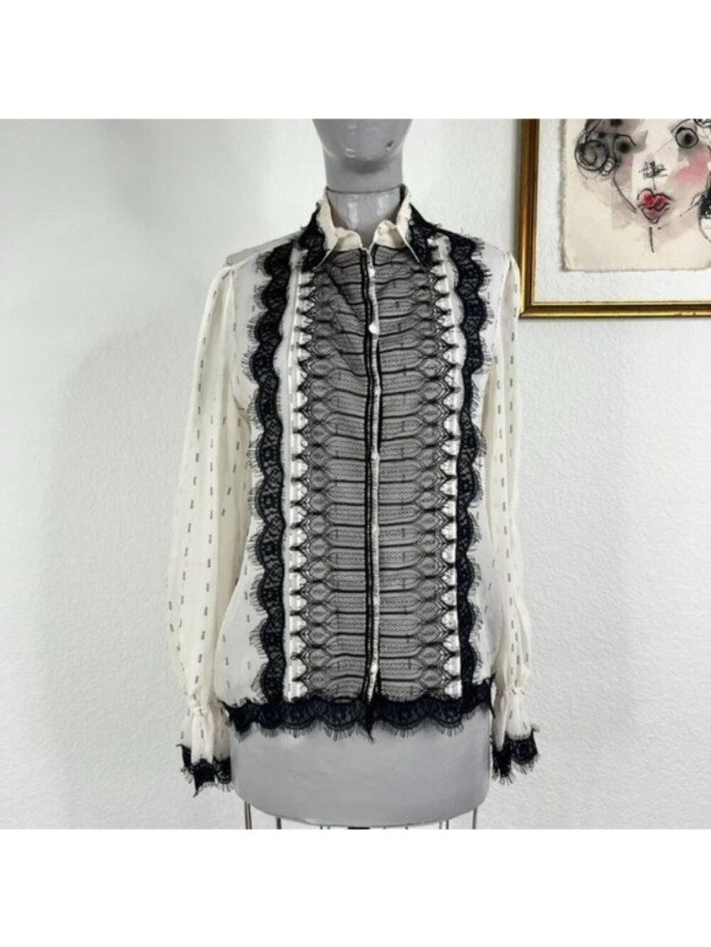 The Kooples Eyelash Lace Sheer Metallic Button Front Victorian Blouse Top
